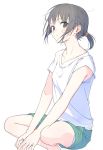  1girl aspara bandages bare_legs barefoot black_hair ears looking_at_viewer original ponytail shirt short_hair short_ponytail shorts simple_background solo white_background white_shirt 