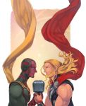  2boys android avengers avengers:_age_of_ultron beard blonde_hair blue_eyes braid cape facial_hair hammer male_focus marvel mjolnir multiple_boys nikumeron superhero symmetry thor_(marvel) vision_(marvel) 