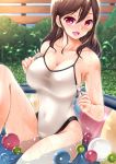  1girl amasora_taichi breasts brown_hair cleavage covered_navel hairclip_removed highres large_breasts long_hair one-piece_swimsuit original red_eyes sitting swimsuit wading_pool water wet 
