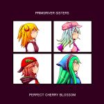  4girls adapted_costume alternate_hair_color andani blonde_hair brown_hair crescent crescent_hair_ornament demon_days_cover from_side gorillaz gradient_hair green_eyes green_hair hair_ornament hat iormi layla_prismriver long_hair lunasa_prismriver lyrica_prismriver merlin_prismriver multicolored_hair multiple_girls parody perfect_cherry_blossom portrait profile red_eyes sailor_collar shirt star_hair_ornament touhou typo yellow_eyes 
