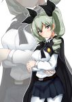  1girl anchovy belt black_necktie black_skirt blush breast_hold breasts cape commentary_request contrapposto cowboy_shot drill_hair emblem girls_und_panzer green_hair hair_ribbon long_hair long_sleeves looking_at_viewer miniskirt necktie pantyhose pleated_skirt poshi_(ginmokusei) red_eyes ribbon school_uniform shirt skirt solo twin_drills twintails white_legwear white_shirt 