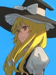  1girl amino_(tn7135) blonde_hair blue_background bow hair_bow hat hat_ribbon kirisame_marisa lips long_hair looking_away puffy_sleeves ribbon shirt short_sleeves simple_background smile solo touhou upper_body vest witch_hat yellow_eyes 