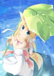  1girl :o animal_ears bare_shoulders blonde_hair blue_eyes blush bow collarbone colored_eyelashes dress fox_ears fox_tail from_above full_body hair_bow highres holding holding_umbrella kushida_you leaf_umbrella long_hair looking_up open_mouth original red_ribbon ribbon sleeveless sleeveless_dress solo standing sundress tail tareme umbrella water water_drop white_bow white_dress 