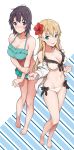  2girls aqua_eyes bare_legs barefoot bikini blonde_hair blush breasts cleavage embarrassed flower frilled_bikini frills front-tie_top full_body gamers! hair_flower hair_ornament halterneck hibiscus highres long_hair looking_at_viewer multiple_girls navel off_shoulder open_clothes open_shirt parted_lips purple_hair sabo1038 scan shiny shiny_skin shirt short_hair swimsuit taut_clothes tendou_karen violet_eyes white_bikini 
