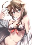  1girl ahoge bare_shoulders blue_eyes blush braid breasts brown_hair cleavage closed_mouth collarbone hair_flaps hair_ornament hair_over_shoulder hairpin kantai_collection large_breasts long_hair looking_at_viewer midriff navel off_shoulder open_clothes open_shirt remodel_(kantai_collection) shigure_(kantai_collection) shirt simple_background single_braid smile solo spread_fingers stomach tai_(nazutai) under_boob upper_body waving white_background white_shirt 