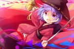  1girl bowl bowl_hat hat japanese_clothes kimono kutsuki_kai long_sleeves mallet minigirl miracle_mallet needle obi object_on_head open_mouth purple_hair sash short_hair solo sukuna_shinmyoumaru touhou violet_eyes wide_sleeves 