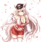  1girl animal_ears arm_up armpits bare_shoulders bikini bikini_top black_hat bow breasts cherry_blossoms cleavage closed_mouth collarbone cowboy_shot detached_sleeves eyebrows eyebrows_visible_through_hair fox_ears fox_tail hair_between_eyes hat head_tilt highres hug large_breasts legs_together long_hair looking_at_viewer lotpe miniskirt navel open_clothes open_vest peaked_cap petals qurare_magic_library red_bikini red_bow red_ribbon red_skirt ribbon ribbon-trimmed_sleeves ribbon_trim shiny shiny_skin silver_hair skirt smile solo standing stomach swimsuit tail tareme thigh-highs very_long_hair vest white_legwear white_vest zettai_ryouiki 