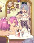  2girls absurdres bare_shoulders bazico blue_eyes blue_hair chair chandelier comb commentary_request dressing frills hair_over_one_eye hair_ribbon highres maid messy_hair mirror multiple_girls no_headwear open_mouth painting_(object) pink_eyes pink_hair ram_(re:zero) re:zero_kara_hajimeru_isekai_seikatsu reflection rem_(re:zero) ribbon roswaal_l._mathers short_hair siblings sisters strap_slip tears twins tying waking_up x_hair_ornament yawning 