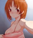 bangs blush brown_eyes brown_hair camisole commentary_request girls_und_panzer han_(jackpot) looking_at_viewer nishizumi_miho self_shot spaghetti_strap top_pull 