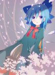  1girl absurdres alternate_costume blue_hair bow bowtie cirno dress fairy_wings hair_bow highres ice ice_wings long_sleeves petals red_bow red_bowtie solo touhou varyu wide_sleeves wings 