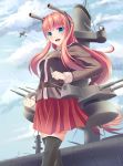  1girl :d airplane bangs battleship black_legwear black_shirt blue_eyes blunt_bangs blush clouds cloudy_sky commentary fang headgear highres long_hair long_sleeves looking_at_viewer military military_uniform open_mouth original personification pink_hair pleated_skirt red_skirt ship shirt sidelocks skirt sky smile smokestack solo standing thigh-highs turret ucukrtz uniform very_long_hair warship 