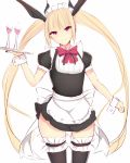  1girl black_legwear blazblue blonde_hair bow cup daiaru drinking_glass hair_ribbon head_tilt long_hair looking_at_viewer maid maid_headdress rachel_alucard red_eyes ribbon simple_background sketch skirt smile solo tail thigh-highs tray twintails white_background wine_glass wrist_cuffs 
