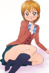  1girl blue_skirt blush brown_eyes brown_hair embarrassed futari_wa_precure looking_at_viewer manji_(tenketsu) misumi_nagisa plaid plaid_skirt precure school_uniform short_hair skirt socks solo 