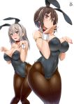  2girls :o alternate_costume animal_ears arm_ribbon bangs black_leotard blue_eyes blush bow bowtie breasts brown_eyes brown_hair brown_legwear bunny_girl bunny_pose bunny_tail bunnysuit cleavage covered_navel cross-laced_clothes detached_collar embarrassed eyebrows eyebrows_visible_through_hair fake_animal_ears girls_und_panzer grey_nails hair_between_eyes hairband hands_up itsumi_erika large_breasts leotard long_hair looking_at_viewer multiple_girls nail_polish nishizumi_maho open_mouth palms pantyhose rabbit_ears red_bow red_bowtie red_nails ribbon short_hair side-tie_leotard silver_hair simple_background skin_tight strapless strapless_leotard tail uo_denim wavy_mouth wrist_cuffs 