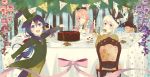  3boys :d ;) alice_(wonderland) alice_(wonderland)_(cosplay) alice_in_wonderland amano_himame animal_ears apron black_hair blonde_hair blue_eyes bow bowtie cake candle candlestand chair chin_rest clock cookie cosplay crossdressinging cup cupcake eating flower food hair_bow hat honebami_toushirou mad_hatter mad_hatter_(cosplay) male_focus midare_toushirou multiple_boys namazuo_toushirou one_eye_closed open_mouth otoko_no_ko ponytail rabbit_ears rose sitting smile sparkle string_of_flags teacup teapot top_hat touken_ranbu violet_eyes white_hair white_rabbit white_rabbit_(cosplay) 