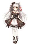  1girl adapted_costume amatsukaze_(kantai_collection) bangs bare_shoulders black_shoes blush brown_eyes collarbone dress full_body hair_tubes hat kantai_collection long_hair mini_hat nikoo shoes short_dress silver_hair simple_background solo standing twintails two_side_up white_background white_legwear 