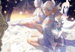  2girls achyue arm_support bare_shoulders blue_eyes bridal_gauntlets character_request dragon_nest feather_trim feathers looking_back multiple_girls parted_lips pointy_ears profile short_hair sitting star thigh-highs tiara wariza white_hair 