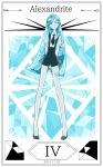  2015 alexandrite_(houseki_no_kuni) androgynous arms_behind_back bangs bare_arms bare_legs black_necktie black_shoes black_shorts blue_eyes blue_hair border character_name cojimama collared_shirt dated diamond_(symbol) eyebrows eyebrows_visible_through_hair frown full_body houseki_no_kuni legs_apart long_hair looking_at_viewer necktie own_hands_together roman_numerals shirt shoes short_sleeves shorts solo standing suspender_shorts suspenders swept_bangs tiptoes uniform very_long_hair white_shirt 