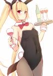  1girl :| alcohol alternate_costume animal_ears bangs bare_shoulders black_ribbon blazblue blonde_hair blunt_bangs blush bottle bow bowtie breasts bunny_tail bunnysuit closed_mouth covered_navel cowboy_shot cup daiaru detached_collar drink drinking_glass embarrassed fake_tail fishnet_pantyhose fishnets from_side hair_ribbon hand_up holding leotard long_hair looking_at_viewer looking_back outstretched_hand pantyhose rachel_alucard red_bow red_bowtie red_eyes ribbon sideboob simple_background sketch small_breasts solo strapless strapless_leotard tail tray twintails very_long_hair white_background wine wine_bottle wine_glass wrist_cuffs 