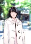  1girl black_hair blue_eyes coat dtym highres outdoors parted_lips short_hair solo tree 