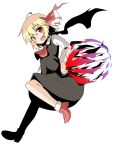  1girl ahoge ascot blonde_hair darkness fang hair_ribbon long_sleeves natsu_no_koucha open_mouth red_eyes red_shoes ribbon rumia shirt shoes short_hair simple_background skirt skirt_set smile socks solo touhou vest white_background white_shirt 