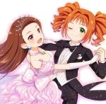  2girls brown_hair contact966 dancing dress earrings elbow_gloves gloves green_eyes idolmaster jewelry looking_at_viewer minase_iori multiple_girls necklace one_eye_closed open_mouth orange_hair pink_dress red_eyes ribbon strapless strapless_dress takatsuki_yayoi tiara tuxedo twintails 