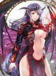  1girl black_wings demon_girl fangs fingernails horns long_hair maerel_hibadita midriff pointy_ears purple_hair sharp_fingernails side_slit solo violet_eyes wings 