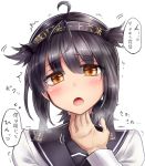  1boy 1girl admiral_(kantai_collection) ahoge anchor_print bangs blush bodysuit brown_eyes brown_hair chin_tickle expressive_hair hair_flaps hair_ribbon hairband hatsuzuki_(kantai_collection) highres kantai_collection looking_at_viewer neit_ni_sei open_mouth pov ribbon school_uniform scratching_head serafuku sweatdrop translated 