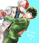  2boys :d alternate_costume back bangs belt black_eyes black_shirt blue_eyes blue_necktie blush boku_no_hero_academia bow bowtie closed_mouth collared_shirt cowboy_shot dancing dress_shirt dutch_angle eyebrows eyebrows_visible_through_hair fingerless_gloves formal freckles frown gloves green_eyes green_hair green_jacket green_pants grey_jacket grey_pants hair_between_eyes hand_on_hip heterochromia holding_hands jacket light_frown long_sleeves looking_at_another looking_at_viewer male_focus midoriya_izuku multicolored_hair multiple_boys necktie open_mouth pants red_bow red_bowtie red_gloves redhead reiquil shirt silver_hair smile suit sweatdrop todoroki_shouto two-tone_hair yaoi 