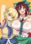  2girls :d aoi_manabu arm_up armpits blonde_hair bow breasts brown_eyes brown_hair commentary_request double_v fang green_eyes hair_bow huge_breasts large_breasts lips looking_at_viewer mizuhashi_parsee multiple_girls open_mouth pointy_ears pose red_eyes reiuji_utsuho round_teeth shirt skirt smile sweat teeth third_eye toned touhou v 