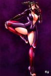  1girl adapted_costume biker_clothes bikesuit breasts capcom center_opening cleavage eyepatch fighting_stance full_body han_juri jadenkaiba leg_up looking_at_viewer smile solo street_fighter street_fighter_v toeless_legwear 