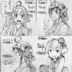  ahoge bangs dated detached_sleeves double_bun eyebrows from_side grin hair_flaps hairband hat headgear highres japanese_clothes kantai_collection kongou_(kantai_collection) looking_at_viewer mini_hat monochrome nontraditional_miko open_mouth outstretched_hand school_uniform serafuku sidelocks sketch smile spread_fingers squatting thick_eyebrows tokitsukaze_(kantai_collection) traditional_media translated v_arms vest watanore 