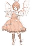  1girl animal_ears bird_wings blush claws dress feet hand_on_own_chest hat highres kneehighs kuro_suto_sukii long_sleeves looking_at_viewer monochrome mystia_lorelei short_hair simple_background sketch smile solo toeless_socks touhou white_background wings 