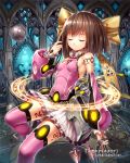  1girl bare_shoulders bow brown_hair cable closed_eyes detached_sleeves floating frilled_sleeves frills gabiran hair_bow magic_circle mecha_musume metal official_art pink_legwear skirt solo sphere tenkuu_no_crystalia thigh-highs 