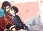  2boys black_hair blue_eyes blush braid double-breasted ear_studs earrings eye_contact horikawa_kunihiro izumi-no-kami_kanesada japanese_clothes jewelry looking_at_another male_focus multiple_boys no_shoes rainsp ribbon side_braid socks star touken_ranbu yaoi 