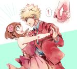  ! /\/\/\ 1boy 1girl alternate_costume arm_around_waist bakugou_katsuki bangs bare_shoulders bead_necklace belt black_eyes blonde_hair blue_shirt blush boku_no_hero_academia brown_eyes brown_hair collared_shirt dancing dress dress_shirt eye_contact eyelashes fingerless_gloves flower formal from_side furrowed_eyebrows gloves hair_flower hair_ornament high_heels holding_hands jacket jewelry long_sleeves looking_at_another motion_lines multiple_views necklace necktie open_mouth outstretched_arm pants pearl_necklace pink_dress pink_gloves profile red_jacket red_necktie red_pants reiquil shirt shoes short_dress short_hair sidelocks speech_bubble spiky_hair spoken_exclamation_mark stepped_on strapless strapless_dress suit sweat uraraka_ochako wavy_mouth 