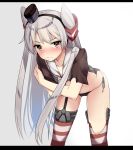  1girl amatsukaze_(kantai_collection) black_panties blush brown_eyes covering covering_chest dress hair_tubes heavens_thunder_(byakuya-part2) kantai_collection leaning_forward letterboxed long_hair looking_at_viewer panties red_legwear silver_hair striped striped_legwear thigh-highs torn_clothes torn_dress torn_thighhighs two_side_up underwear wavy_mouth windsock 