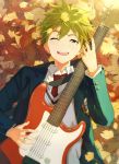  1boy ;d akiyama_hayato autumn_leaves ginkgo green_hair idolmaster idolmaster_side-m leaf lying male_focus map_(map_imas) on_back one_eye_closed open_mouth smile solo 