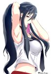  1girl adjusting_hair arm_up armpits arms_behind_head black_hair bondo_(borndragon) breasts hand_in_hair highres kantai_collection large_breasts long_hair looking_at_viewer looking_to_the_side mouth_hold necktie no_gloves ponytail red_eyes school_uniform serafuku sleeveless solo twitter_username tying_hair yahagi_(kantai_collection) 