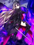  1girl absurdres armor blonde_hair breasts fate/grand_order fate_(series) flag gauntlets headpiece highres jeanne_alter long_hair popompon ruler_(fate/apocrypha) ruler_(fate/grand_order) smile solo sword thigh-highs weapon yellow_eyes 
