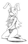  :&lt; animal_ears bandages burn_scar chastity_belt commentary_request eyebrows eyebrows_visible_through_hair flat_chest greyscale hair_over_one_eye half-closed_eye jitome long_hair monochrome nicetack rabbit_ears reisen_udongein_inaba sarashi scar stitches touhou underwear underwear_only 
