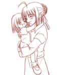  2girls :d ahoge fate/stay_night fate_(series) hair_bun hug kaze_tsuki mary_janes monochrome mother_and_daughter multiple_girls open_mouth saber saber_of_red shoes smile 