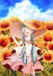  1girl :d alternate_hairstyle aqua_hair arm_behind_head blush bow braid closed_eyes clouds collarbone dress flower hair_between_eyes hair_bow hand_on_headwear hat hatsune_miku head_tilt highres long_hair open_mouth outdoors pink_dress shii_(cocoa) sky smile solo standing strap_slip sun_hat sundress sunflower twin_braids twitter_username very_long_hair vocaloid younger 