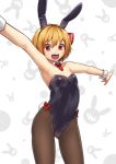  1girl animal_ears black_legwear blonde_hair bobomaster bunny_girl bunnysuit detached_collar fake_animal_ears flat_chest hair_ribbon highres looking_at_viewer necktie open_mouth outstretched_arms pantyhose rabbit_ears red_eyes red_necktie red_ribbon ribbon rumia short_hair simple_background smile solo standing touhou wrist_cuffs 