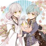  3boys aqua_hair baby bib black_gloves carrying cherry_blossoms cover cover_page doujin_cover dual_persona gloves hair_bobbles hair_ornament hood ichigo_hitofuri japanese_clothes male_focus military military_uniform multiple_boys necktie open_mouth petals sayu030b smile time_paradox touken_ranbu tsurumaru_kuninaga uniform white_gloves white_hair yellow_eyes younger 