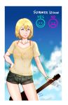  1girl allison_(summer_lesson) artist_name blonde_hair blue_eyes bracelet character_request english guitar hair_between_eyes hand_on_hip highres instrument jazzjack jewelry necklace see-through short_shorts shorts sky smile smiley_face solo summer_lesson 