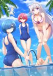  3girls aqua_eyes arms_behind_back ass bare_shoulders bent_over bikini blue_eyes blue_hair blush braid breasts bubble cat cleavage clouds emilia_(re:zero) flower hair_flower hair_ornament hair_over_one_eye hair_tie highres kazenokaze long_hair multiple_girls navel one-piece_swimsuit open_mouth pack_(re:zero) palm_tree pink_eyes ram_(re:zero) re:zero_kara_hajimeru_isekai_seikatsu rem_(re:zero) short_hair siblings side-tie_bikini silver_hair sisters sky sleeveless swimsuit thigh_gap thumbs_up tree twins violet_eyes water wet 