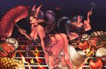  2girls ass ass-to-ass babydoll barefoot black_hair black_panties breasts cleavage corn crop_top demon_girl demon_horns demon_tail demon_wings fire food grill heart_tail_duo horns junkpuyo large_breasts long_hair looking_at_viewer microskirt multiple_girls mushroom oni oni_horns open_mouth original panties pointy_ears ponytail red_skin sausage skirt small_breasts smile steak tail tomato tongue tongue_out twintails under_boob underwear very_long_hair wings yellow_eyes 