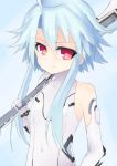  1girl ahoge axe blanc blancpig_yryr blue_hair highres looking_at_viewer neptune_(series) power_symbol red_eyes short_hair_with_long_locks sidelocks solo symbol-shaped_pupils weapon white_heart 