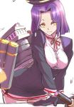  1girl bangs commentary_request dress gloves kantai_collection leaning_forward looking_at_viewer mechanical_halo parted_bangs purple_hair rigging smile tatsuta_(kantai_collection) torichamaru yellow_eyes 